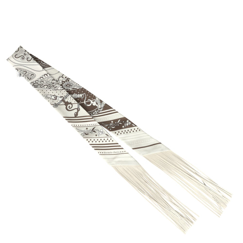 Hermes "Festival des Amazones" Craie, Brun Silk and Leather Fringe Twilly