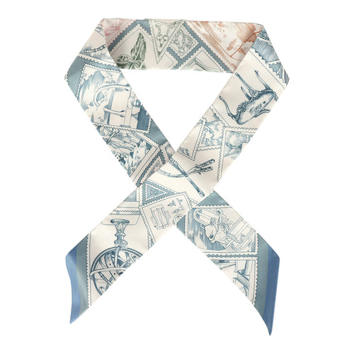 Hermes "Le Philateliste Du Faubourg" Bleu Moyen and Blanc Multi Silk Twilly Pair