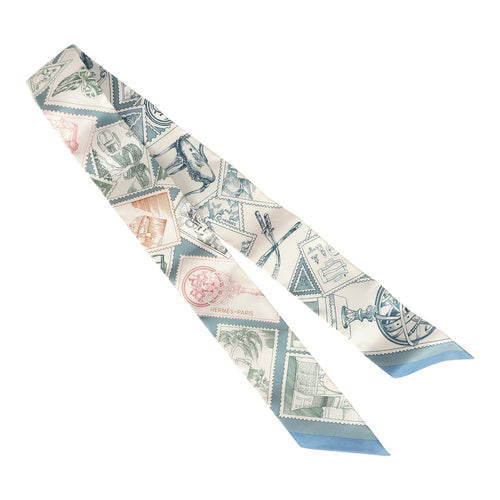 Hermes "Le Philateliste Du Faubourg" Bleu Moyen and Blanc Multi Silk Twilly Pair