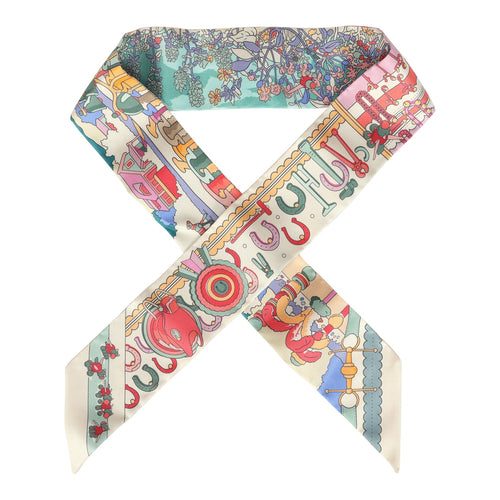 Hermes "Pony Pit Stop" Rose, Creme, Vert Silk Twilly Pair