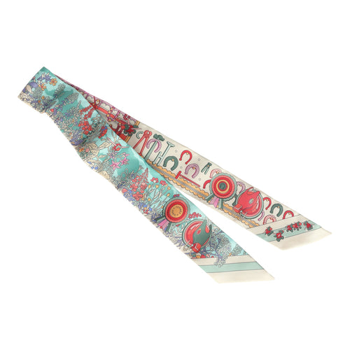 Hermes "Pony Pit Stop" Rose, Creme, Vert Silk Twilly Pair
