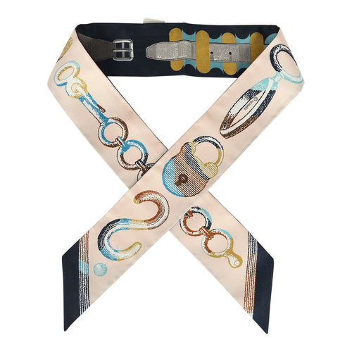 Hermes "C'est La Fete" Gris, Rose, Bleu Marine Multi Silk Twilly Pair