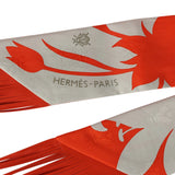 Hermes "Bouquet Final" Gris Perle and Vermillon Fringe Silk Twilly - Thumbnail View 3