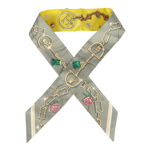 Hermes "C'est La Fete" Jaune Vif, Vert, Gris Multi Silk Twilly Pair