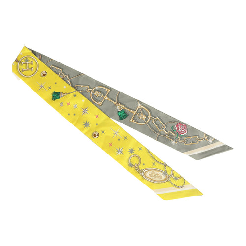 Hermes "C'est La Fete" Jaune Vif, Vert, Gris Multi Silk Twilly Pair