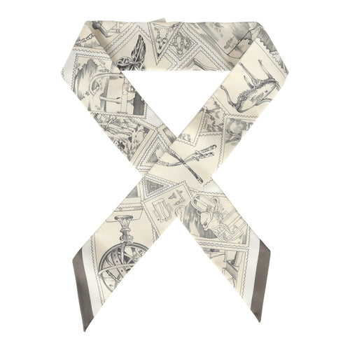 Hermes "Le Philateliste Du Faubourg" Parchemin and Graphite Multi Silk Twilly Pair