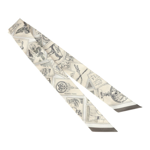 Hermes "Le Philateliste Du Faubourg" Parchemin and Graphite Multi Silk Twilly Pair