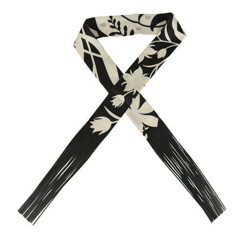 Hermes "Bouquet Final" Cream and Black Fringe Silk Twilly