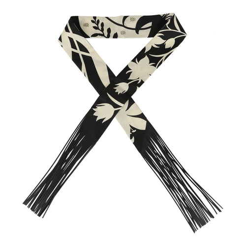 Hermes "Bouquet Final" Cream and Black Fringe Silk Twilly