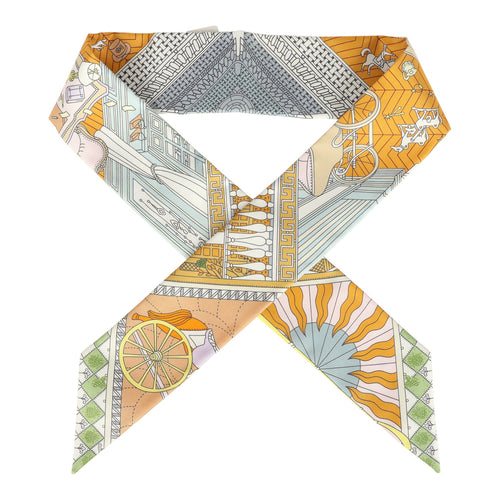 Hermes "Objets De Curiosite" Gris Bleute, Miel Multi Silk Twilly Pair