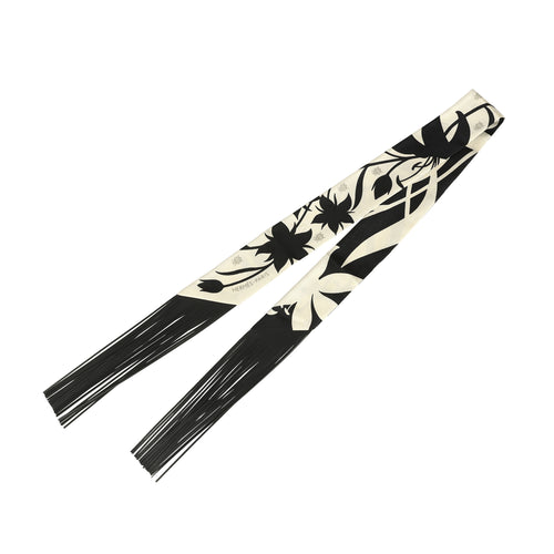 Hermes "Bouquet Final" Cream and Black Fringe Silk Twilly