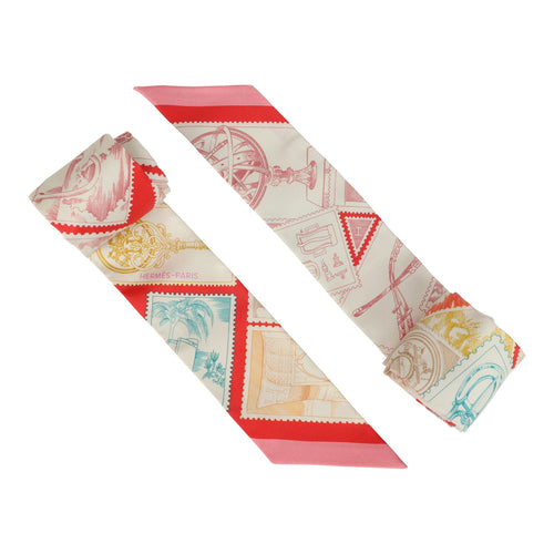 Hermes "Le Philateliste Du Faubourg" Rose and Rouge Multi Silk Twilly Pair