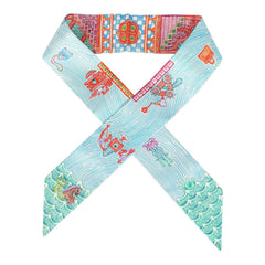 Hermes "Super Silk Quest" Rose, Turquoise, Orange Multi Silk Twilly