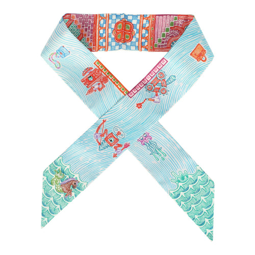 Hermes "Super Silk Quest" Rose, Turquoise, Orange Multi Silk Twilly