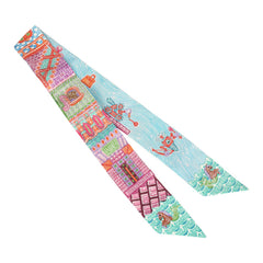 Hermes "Super Silk Quest" Rose, Turquoise, Orange Multi Silk Twilly