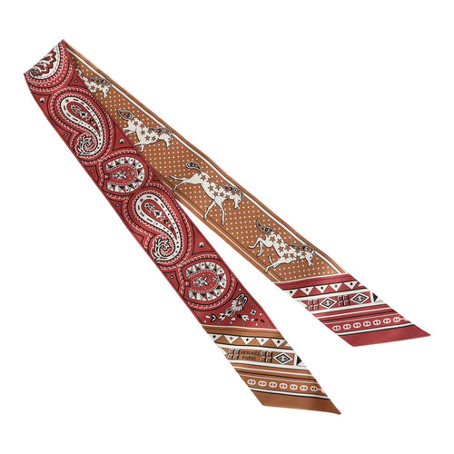 Hermes "Cheval De Coeur Bandana" Caramel, Terre De Sienne and Blanc Multi Silk Twilly Pair