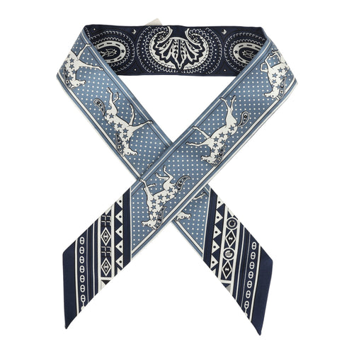 Hermes "Cheval De Coeur Bandana" Blue Jean, Marine and Blanc Multi Silk Twilly Pair