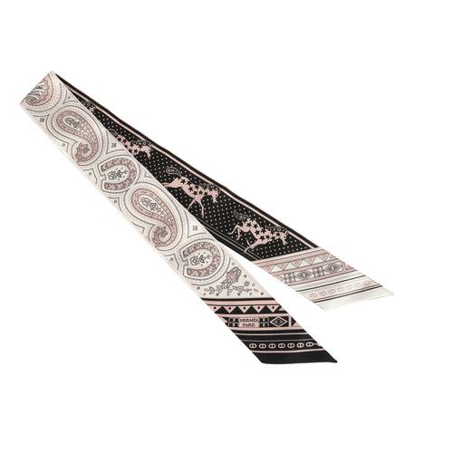 Hermes "Cheval De Coeur Bandana" Black, Blanc and Vieux Rose Multi Silk Twilly Pair
