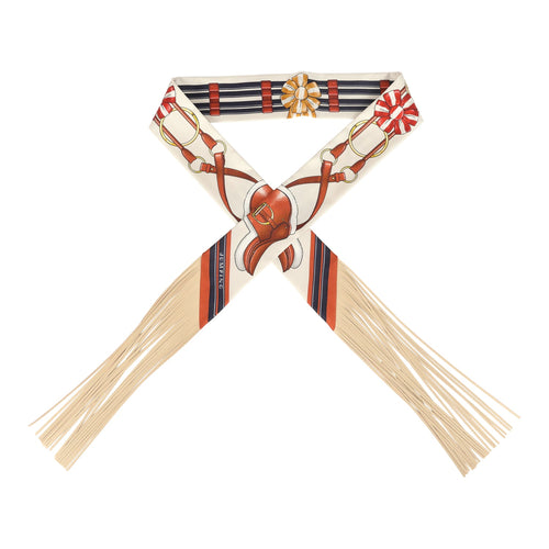 Hermes "Jumping Leather" Crème, Alezan and Anthracite Fringe Silk Twilly