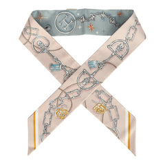 Hermes "C'est La Fete" Bleu Glacier, Rose Poudre and Gris Multi Silk Twilly Pair