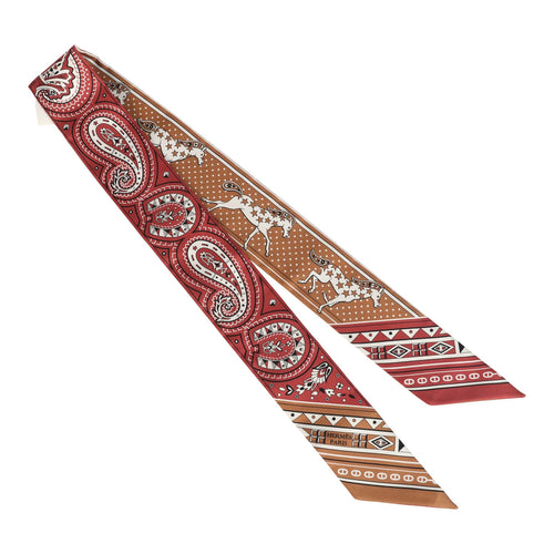 Hermes "Cheval De Coeur Bandana" Caramel, Terre De Sienne and Blanc Multi Silk Twilly Pair