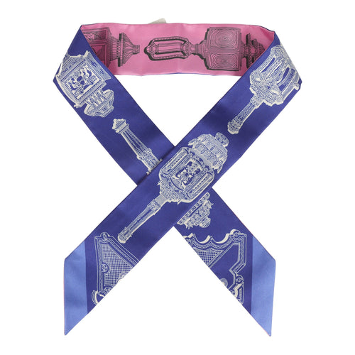 Hermes "Merveilleuses Lantern" Rose Bon Bon, Indigo Multi Silk Twilly Pair