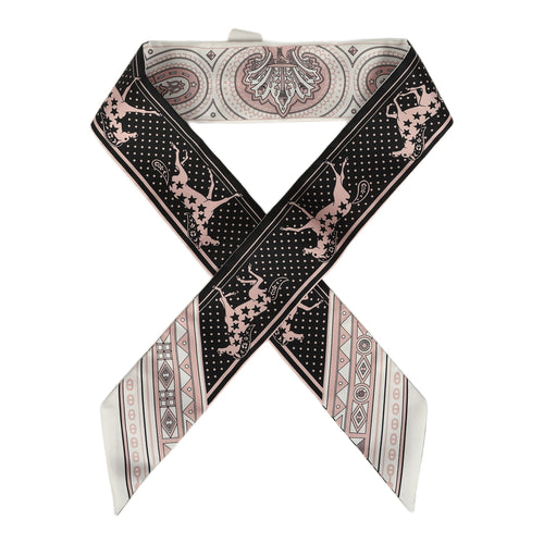 Hermes "Cheval De Coeur Bandana" Black, Blanc and Vieux Rose Multi Silk Twilly