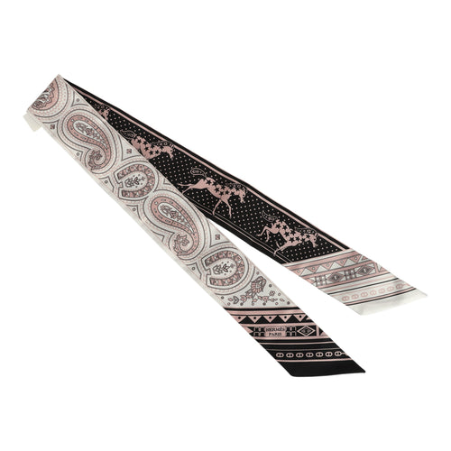 Hermes "Cheval De Coeur Bandana" Black, Blanc and Vieux Rose Multi Silk Twilly