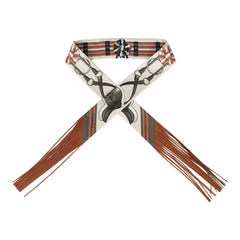 Hermes "Jumping Leather" Crème, Kaki and Beige Dore Fringe Silk Twilly
