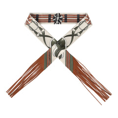 Hermes "Jumping Leather" Crème, Kaki and Beige Dore Fringe Silk Twilly