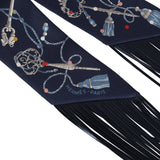 Hermes "Les Cles a Pois" Bleu Marine, Gris Argent and Multicolore Fringe Silk Twilly - Thumbnail View 3