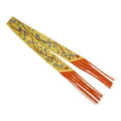 Hermes "Les Cles a Pois" Jaune, Argent and Orange Vif Fringe Silk Twilly