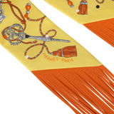 Hermes "Les Cles a Pois" Jaune, Argent and Orange Vif Fringe Silk Twilly - Thumbnail View 3