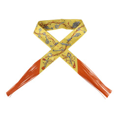 Hermes "Les Cles a Pois" Jaune, Argent and Orange Vif Fringe Silk Twilly