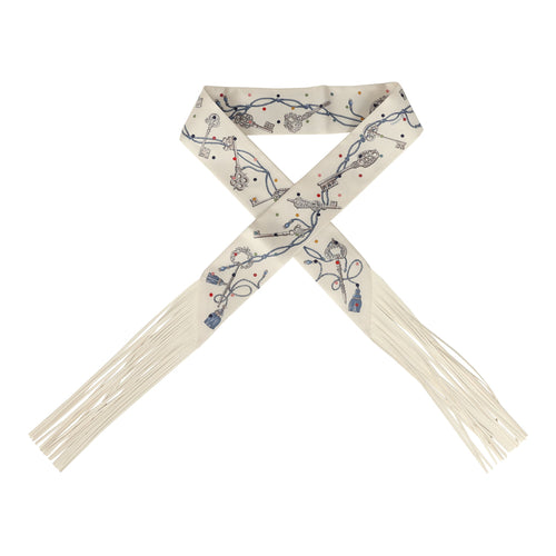 Hermes "Les Cles a Pois" Creme, Gris Perle, Multicolor Fringe Silk Twilly