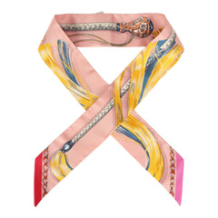 Hermes "Cavalcades" Bleu, Rose Poudre, Jaune D'or Multi Silk Twilly
