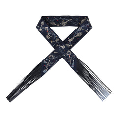 Hermes "Les Cles a Pois" Bleu Marine, Gris Argent and Multicolore Fringe Silk Twilly