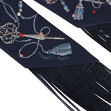 Hermes "Les Cles a Pois" Bleu Marine, Gris Argent and Multicolore Fringe Silk Twilly - Thumbnail View 3