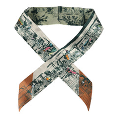 Hermes "A l'Ombre des Boulevards" Blanc, Vert, Gris Silk Twilly Pair