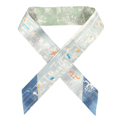 Hermes "A l'Ombre des Boulevards" Blanc, Vert, Mauve Multi Silk Twilly Pair