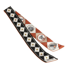 Hermes "Colliers et Chiens Forever" Black, Blanc, Caramel Leather Trim Silk Twilly