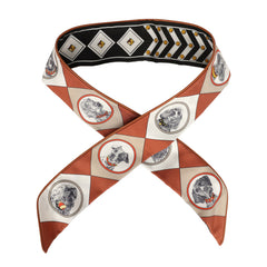 Hermes "Colliers et Chiens Forever" Black, Blanc, Caramel Leather Trim Silk Twilly