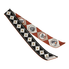 Hermes "Colliers et Chiens Forever" Black, Blanc, Caramel Leather Trim Silk Twilly