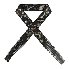 Hermes "Les Cles a Pois" Black, Multicolore, White Fringe Silk Twilly