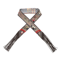 Hermes "Les Voitures Nouvelles" Bleu, Rouge H, Marron Glacé Fringe Silk Twilly
