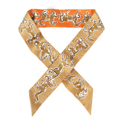 Hermes "Chevaux En Liberte" Orange Cuit, Beige Doré, Blanc Multi Silk Twilly Pair