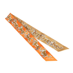 Hermes "Chevaux En Liberte" Orange Cuit, Beige Doré, Blanc Multi Silk Twilly Pair