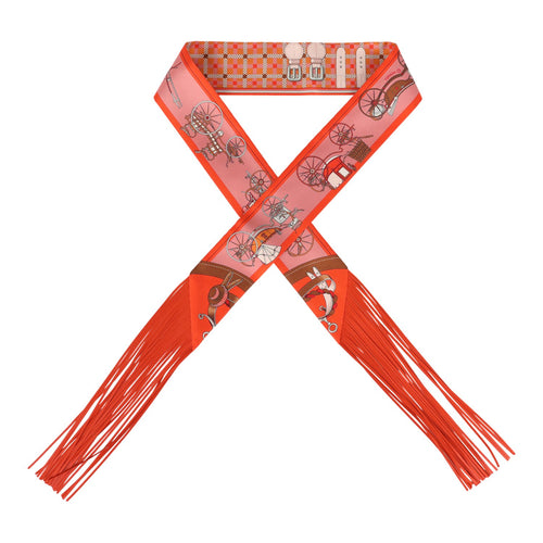 Hermes "Les Voitures Nouvelles" Abricot, Vermillon, Vieux Rose Fringe Silk Twilly