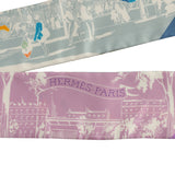 Hermes "A l'Ombre des Boulevards" Blanc, Vert, Mauve Multi Silk Twilly - Thumbnail View 3