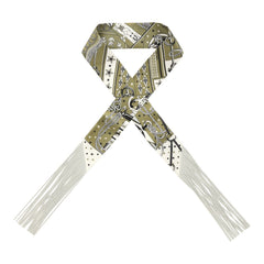Hermes "Bandana" Kaki, Blanc, Black Fringe Silk Twilly